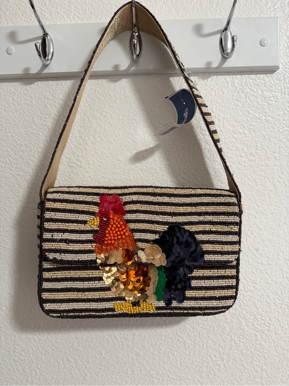 Striped Beaded Rooster Shoulder Bag in Black & Cream
